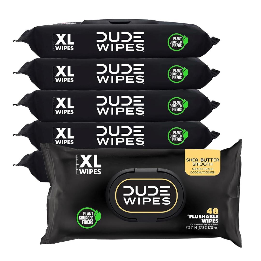 DUDE Wipes - Flushable Wipes - 6 Pack, 288 Count - Shea BUTTer Smooth - Extra-Large - Vitamin-E & Aloe - Septic and Sewer Safe