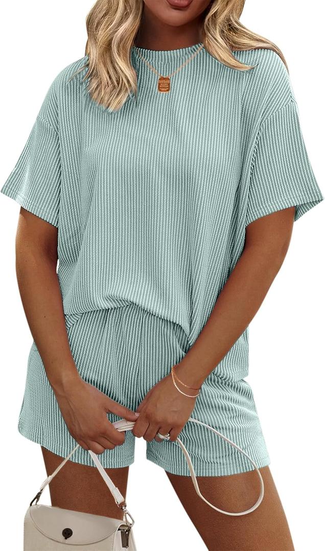 Ekouaer Womens Pajama Sets Short Sleeve Lounge Sets 2 Piece Pjs Tops and Shorts Outfits Matching Loungewear with Pockets (Medium, Glacial Green)