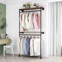 DR.IRON Industrial Pipe Clothing Racks with 2 Tier Shelves, Wall Mounted Black Clothes Rack with Double Hanging Rods Heavy Duty Garment Storage Rack Display Racks Rod for Clothes,Laundry Room