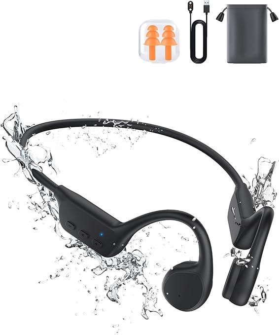Rumatas Bone Conduction Headphones, Swimming Headphones Underwater Open Ear Builtin 32GB Memory IPX8 Waterproof for Swimming, Running, Cycling, Black