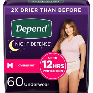 Depend Night Defense Adult Incontinence & Postpartum Bladder Leak Underwear for Women, Disposable, Overnight, Medium, Blush, 60 Count (4 Packs of 15), Packaging May Vary (Medium)