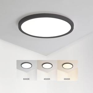 9 Inch LED Flush Mount Ceiling Light Fixture, 3500K/4500K/6000K Wall Switch Adjustable Ceiling Light,1800LM Ultra Thin Black Round Lamp,18W Ceiling Lamp for Bedroom Kitchen Bathroom Living Room