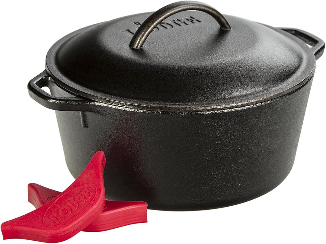 Lodge L8DOL3HH41PLT Cast Iron Dutch Oven with Handle Holders, 5 quart, Black/Red