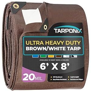 Tarponix 6' x 8' Ultra Heavy Duty Tarp – 20 Mil Brown/ White Waterproof Outdoor Cover, UV Protection, Reinforced Corners, Ideal for Camping, Tent, and Outdoor Use