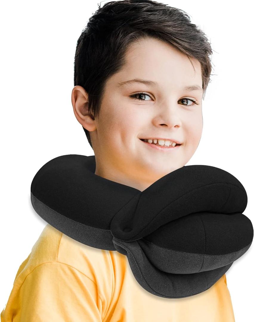 BUYUE Kids Travel Pillows for Airplane, 360 Head Support Sleeping Essentials for Boys Long Flight, Skin-Friendly Soft Neck Pillow for Traveling in Car Seat, (Small, Black Grey, 40-90 lbs)