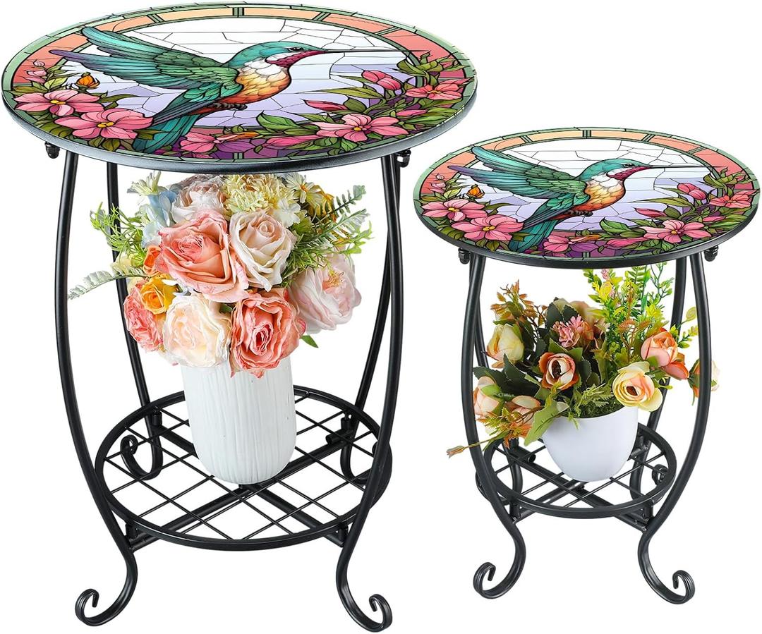 Cinnvoice 2 Pcs Outdoor End Table 12" and 16" Small Patio Side Round Mosaic Accent Indoor End Plant Metal Coffee Tea Table for Yard Porch Garden Patio Living Room (12" and 16", Hummingbird Style)