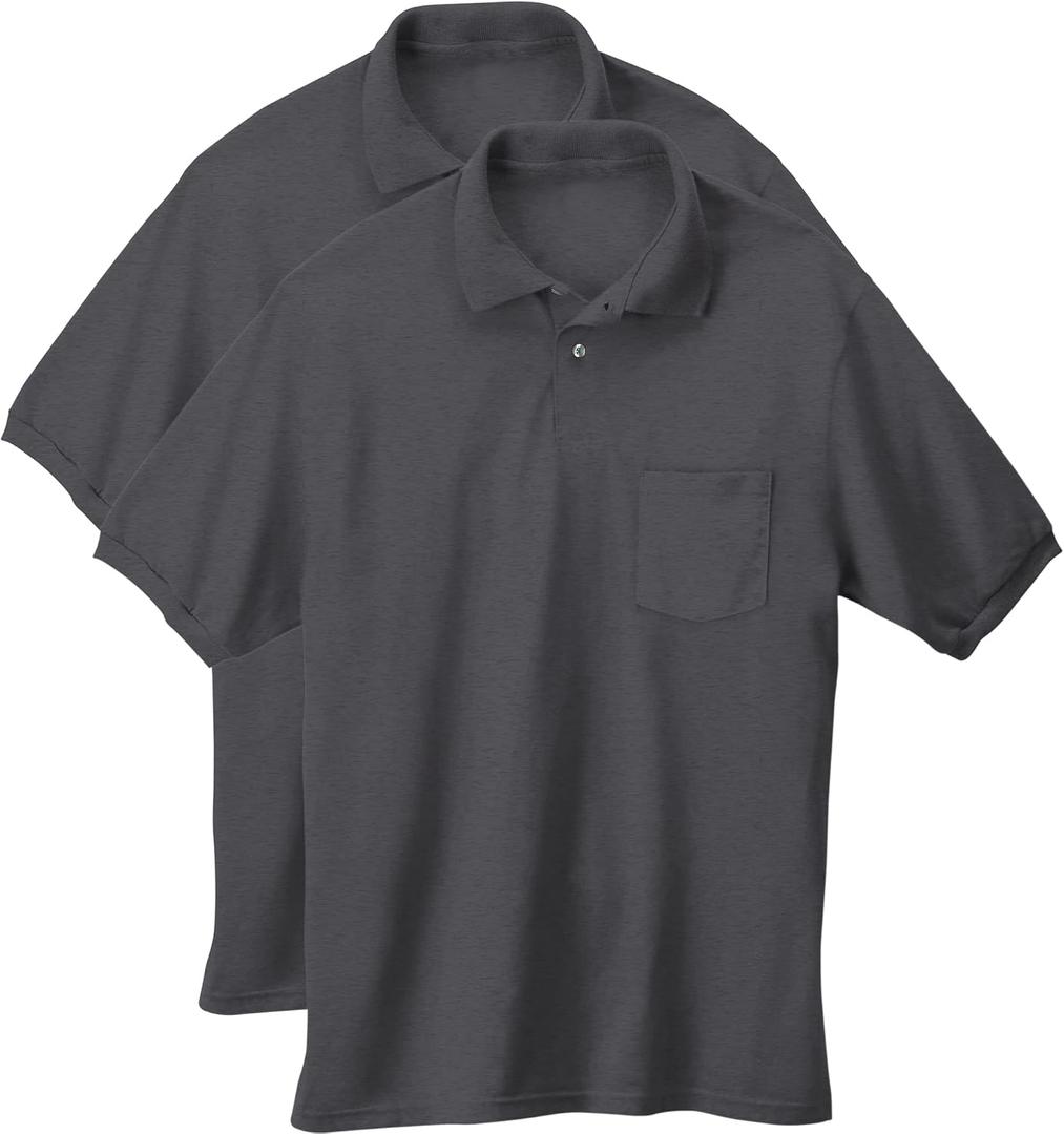 Hanes Men's EcoSmart Pocket Polo Shirt, Short Sleeve Polo, Pack of 2 (Large, Charcoal Heather)
