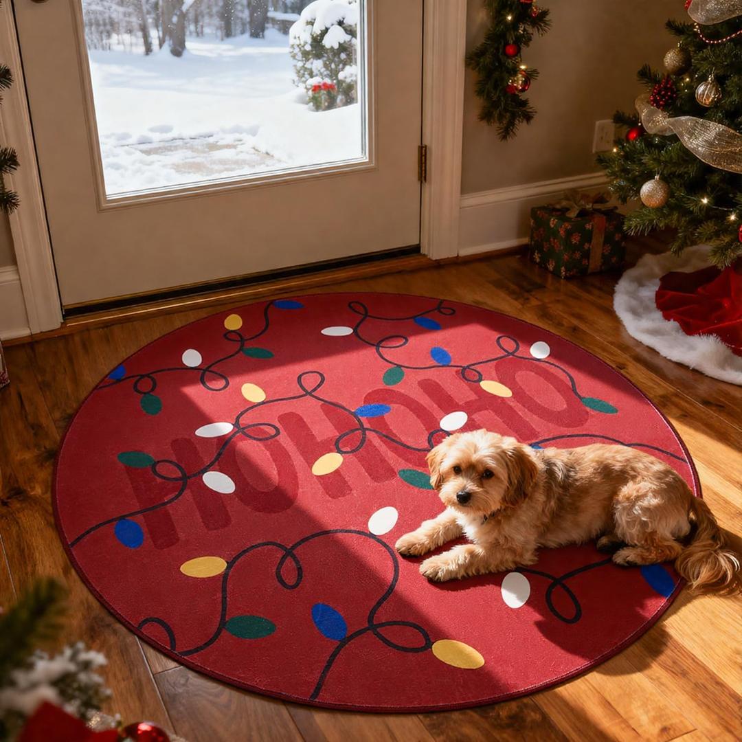 jinchan Jingle Lights Round Christmas Rug for Entryway Bedroom 4ft Red Circle Holiday Rug for Living Room Colored String Lights Printed 4' Xmas Decor Washable Indoor Carpet for Foyer Non-Slip