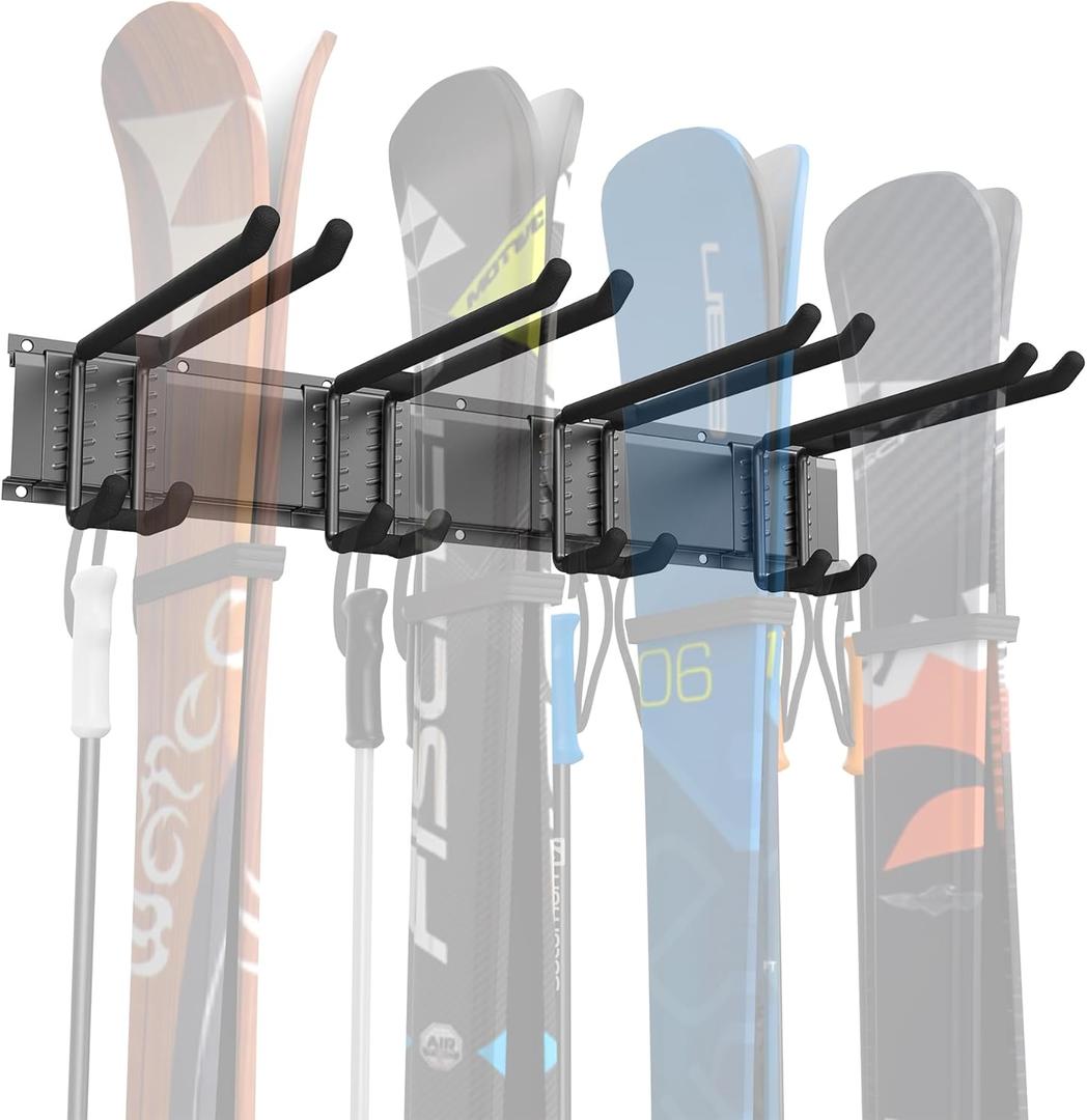 WALMANN Garage Storage Organization Wall Ski Rack 4 Pairs of Skis Mount Ski Hanger for Garage Snowboard Wall Rack Holds Up to 200 lbs