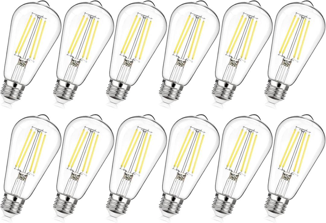 LED Light Bulbs, Bright Vintage 6W LED Edison Bulbs, St58 2700K Warm Light with CRI 85+, E26 Standard Base, 900LUM, Non-Dimmable, Clear Glass, Pack of 12