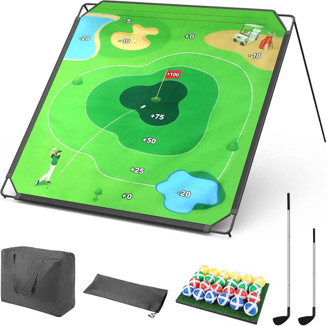 Portable Golf Chipping Game Set for Dads & Junior Golfers, Indoor, Outdoor Backyard & Lawn Fun with 24 Sticky Balls, Putting Mat, 2 Putter & Carry Bag - Family Golf Gifts (71"x71")