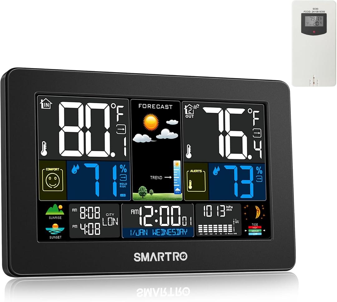 SMARTRO Weather Station Wireless Indoor Outdoor Thermometer for Home, Large Color Display Digital Clock, Forecast with Barometer, Ambient Temperature Humidity Monitor with Moon Phase