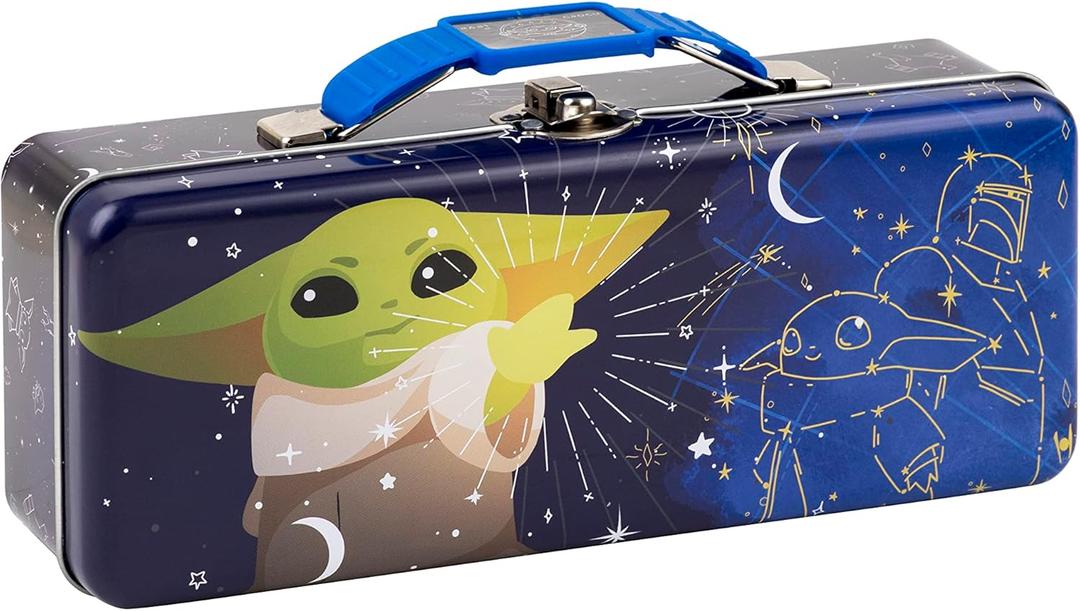 The Tin Box Company Baby Yoda, Grogu, Box with Handle Clasp & Hinge, Locking with Clasp Pencil Box, Star Wars and Mandalorian