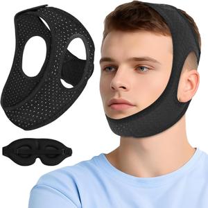 Chin Strap for Sleeping, Anti Snoring Devices Comfortable Effective Stop Snoring Solution, Snore Stopper Breathable, Anti Snore Chin Strap Adjustable Velcro, with Eye Mask, Black (1PCS)