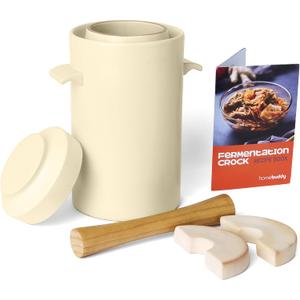 HomeBuddy Ivory Fermentation Crock (1 Gallon) with Weights, Acacia Wood Pounder and Recipie Book - Sauerkraut Fermentation Kit, Onggi Kimchi Jar, Fermenting Crock for Pickling or Sourdough