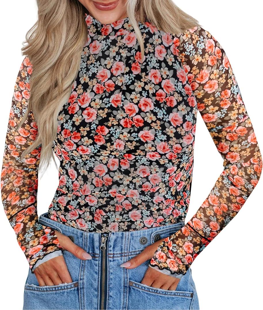 Womens Floral Mesh Long Sleeve Shirts Mock Neck Fitted Sheer Tops Outfit with Thumb Holes (XL)