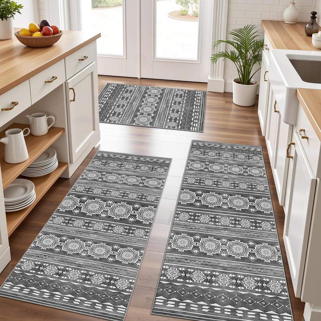 Boho Kitchen Rugs Sets 3 Piece with Runner Floral Kitchen Floor Mat Carpet Farmhouse Kitchen Rugs and Mats Non Skid Washable Runner Rug for Kitchen Floor Sink Laundry,Grayish-White