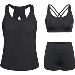 Tempt Me Black 3 Piece Tankini Swimsuits for Women Athletic Bathing Suits Swim Tank Top with Boy Shorts and Bra Modest Swimwear, M