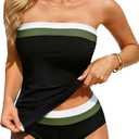 Daci Bandeau Tankini Swimsuits for Women - Two Piece Ruched Tummy Control Bathing Suit Strapless Swimwear with Bottom (Medium, Black Color Block)