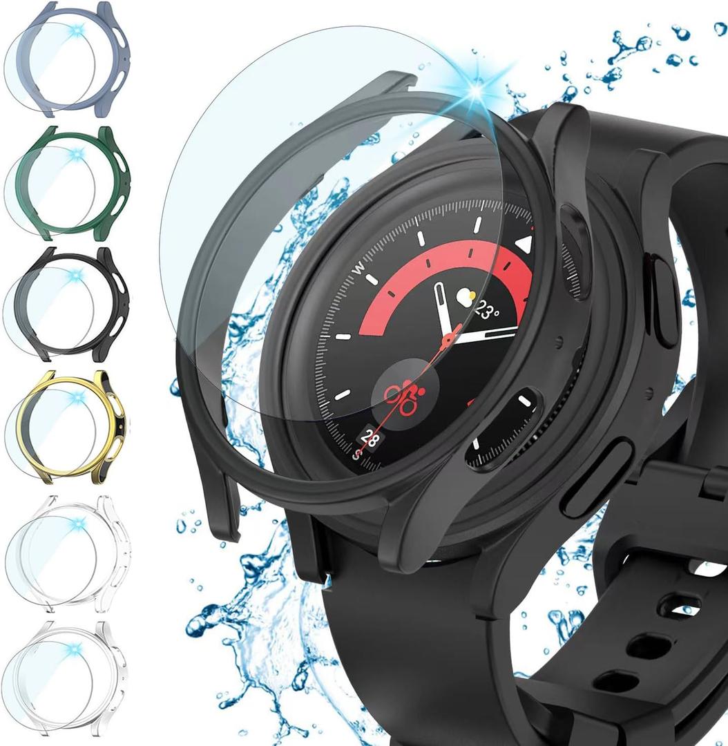 Rc-Z Screen Protector Case for Samsung Galaxy Watch 5 Pro 45mm, [6+6Pack] Bumper & Face Cover Replacement for Galaxy Watch 5 Pro Accessories (Black/Black-Gold/Starlight/Blue/Green/Clear)