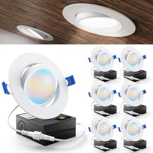 Sunco Lighting 6 Pack Recessed LED Lights Canless 4 Inch Eyeball Gimbal 12W, Selectable 2700K/3000K/3500K/4000K/5000K, Angled Directional Light with Jbox, Ultra Slim Dimmable, ETL