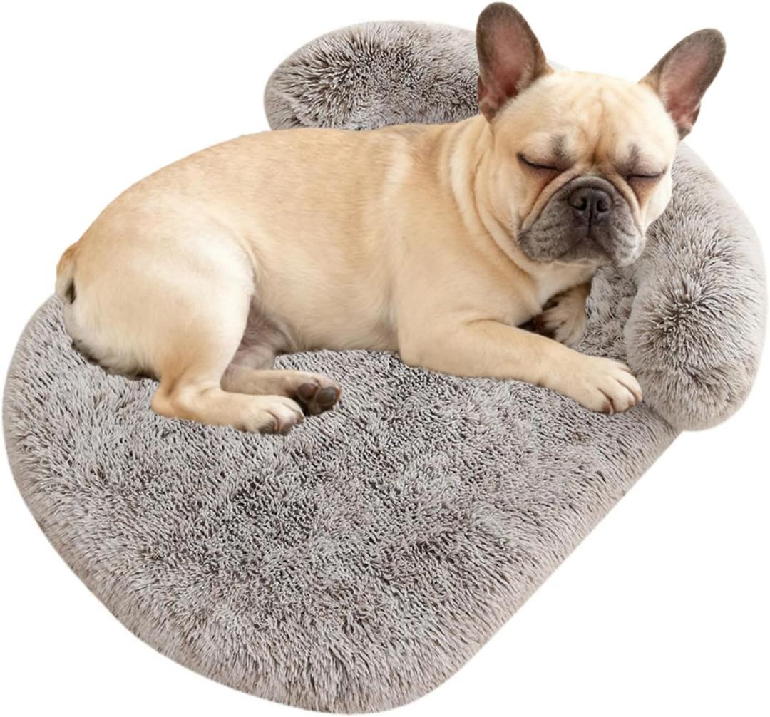 Calming Dog & Cat Beds for Small Medium Dogs Cats, Anti-Anxiety Plush Pets Lounge Orthopedic Cushion, Soft Fluffy Faux Fur Washable Fits up to 25 lbs Pets (Oval, Marble Grey 26"x20")