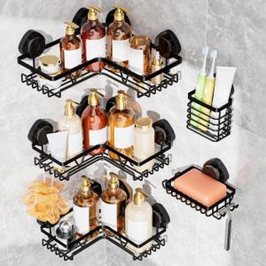 KEGII 5 Pack Corner Shower Caddy Suction Cup, Large Capacity Bathroom Organizer with Soap Dish & Toothbrush Holder, No Drilling Stainless Steel Wall Mounted Shower Storage, Black