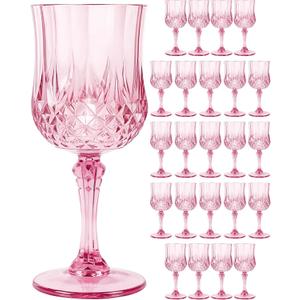 Plastic Wine Glasses Set, 7oz Vintage Goblets Shatterproof Unbreakable Reusable & Disposable, Drinking Glasses with Stem, for Wedding Outdoor Dinner Easter Party (24pcs, Pink)