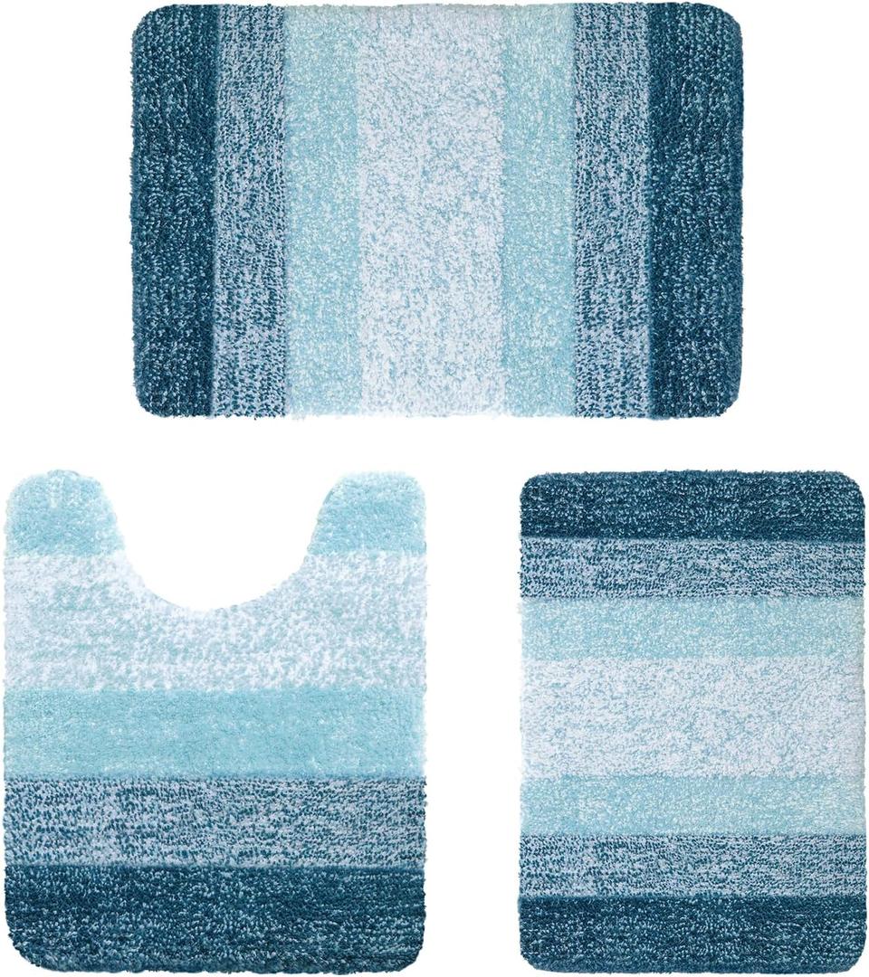 Microfiber Bathroom Rugs 3 Pieces, Bath Rugs Size 24x16 2 Pieces, and 1 Piece Contour Rug 24x20 in Peocock Blue, 3 Item Bundle