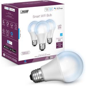 Feit Electric OM60/950CA/AG/3 60 Watt Equivalent WiFi Dimmable, No Hub Required, Alexa or Google Assistant A19 LED Smart Light Bulbs, 4.4" H x 2.4" D, 5000K Daylight, 3 Count