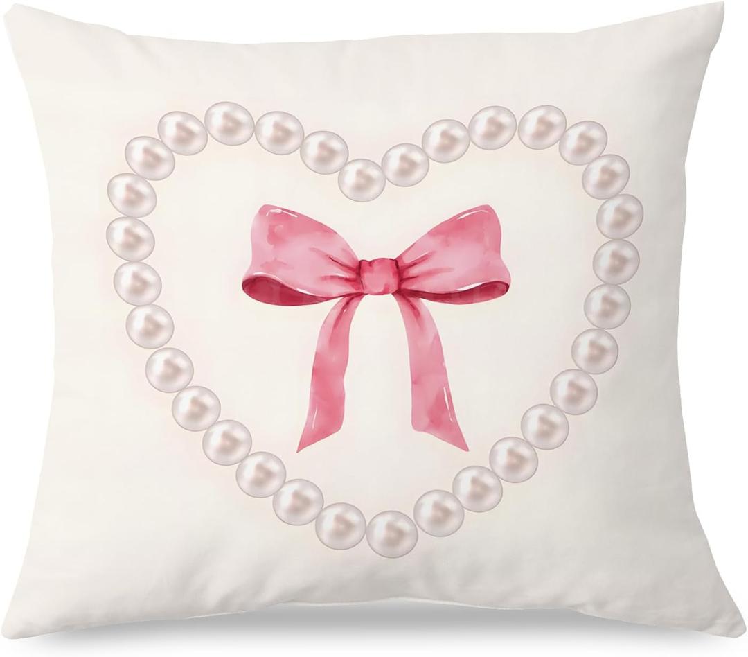 SPBL&L Pink Heart Coquette Bow Pillow Covers 18x18 - Girly Bedroom Decor, Aesthetic Bow Room Decor (Preppy-heart Bow)