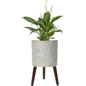 12inch Plant Pots with Wood Planter Holder Indoor Flower Pot with Gold Floral Embossed Modern Planters with Drainage Holes for Living Room, Office, Garden or Balcony