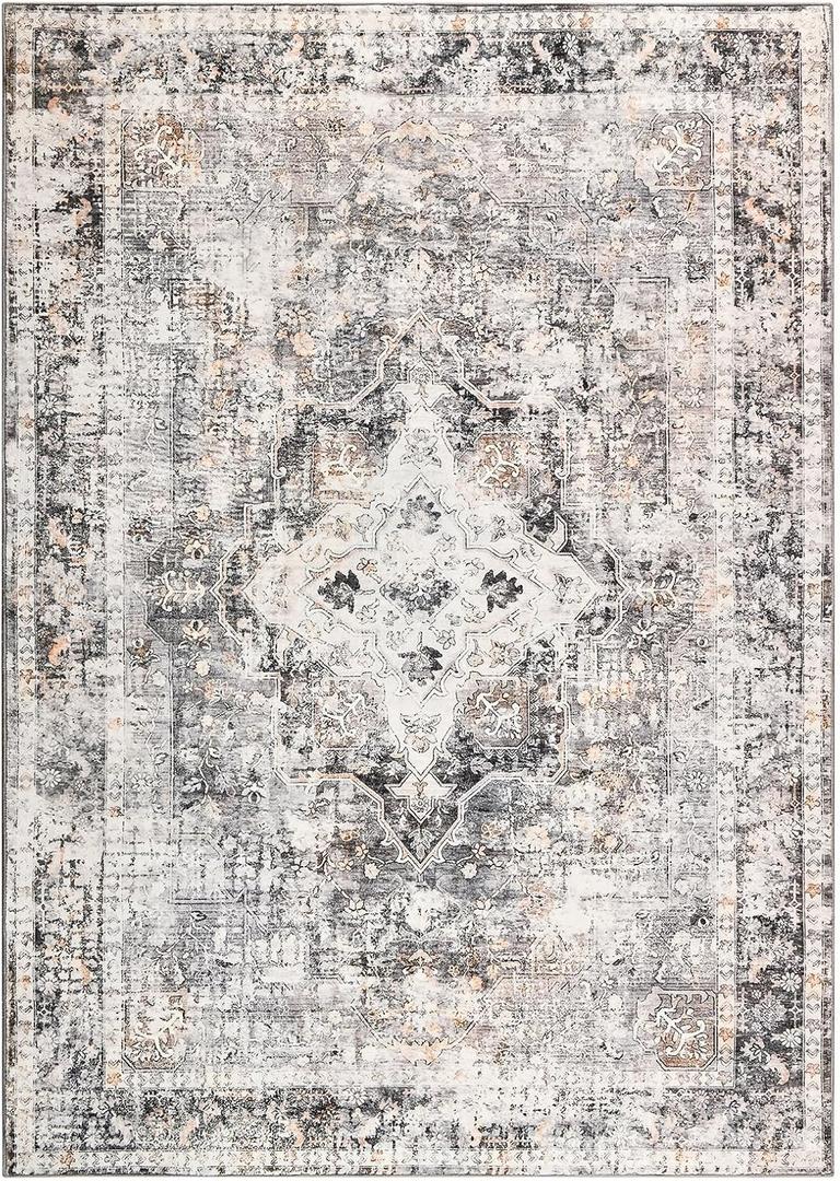 6x9 Washable Area Rug Gray Vintage Floral Print Nonslip Thin Foldable Carpet for Living Room Bedroom Kitchen and Bathroom Traditional Distressed Indoor Accent Rug