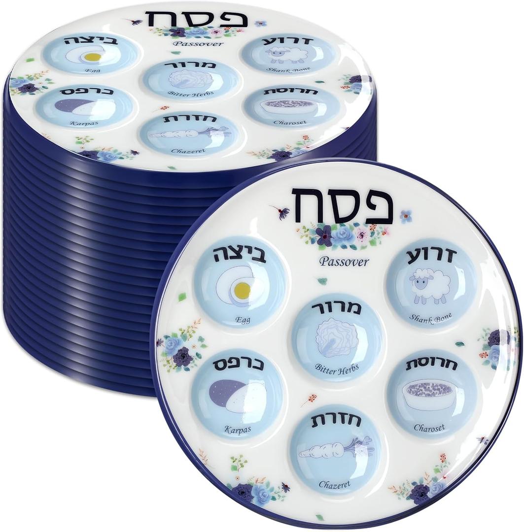 Newtay 24 Pcs Passover Seder Plate Plastic 10" Disposable Plates Passover Decorations for Kids Adults Communal Seders Foods Pesach Kitchen Accessories Table Decorations(Floral Design)