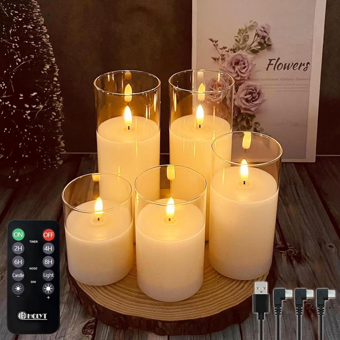 Rechargeable Flameless Candle, Flashing LED Pillar Real Wax Candle with Remote Control and Timer, Teardrop Wick, Clear Glass Electronic Candles, 1 Set of 5