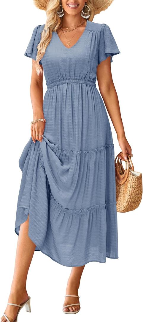 VOTEPRETTY Women's 2026 Summer Boho Maxi Dresses Flutter Short Sleeve V Neck Casual Beach Wedding Guest Vacation Long Dress (Large, Blue Purple)