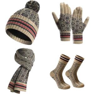Women's Winter Knit Hat and Scarf Set with Touchscreen Gloves and Soft Warm Socks with Christmas Gift Box (Creamy White)