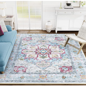 Eleisa 8x10 Area Rugs for Living Room, Fuchsia & Light Blue, Machine Washable Low Pile Area Rug, Stain Resistant Vintage Home Decor Rug for Bedroom, Dining Room, Home Office