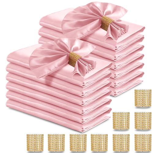 RUDONG M 100 Pcs Light Pink Satin Napkins and Napkin Rings Set, 17 x 17 Inch Square Cloth Napkins Set of 49, Silky Soft Table Napkins Bulk for Weddings, Banquet, Parties Dinner Decoration