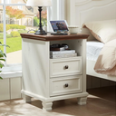 SAVOR LIFE Farmhouse Nightstand with Charging Station, Rustic White Nightstand,2 Drawers End Table for Living Room,Bedside Table with Open Shelf for Bed Room,Single,White