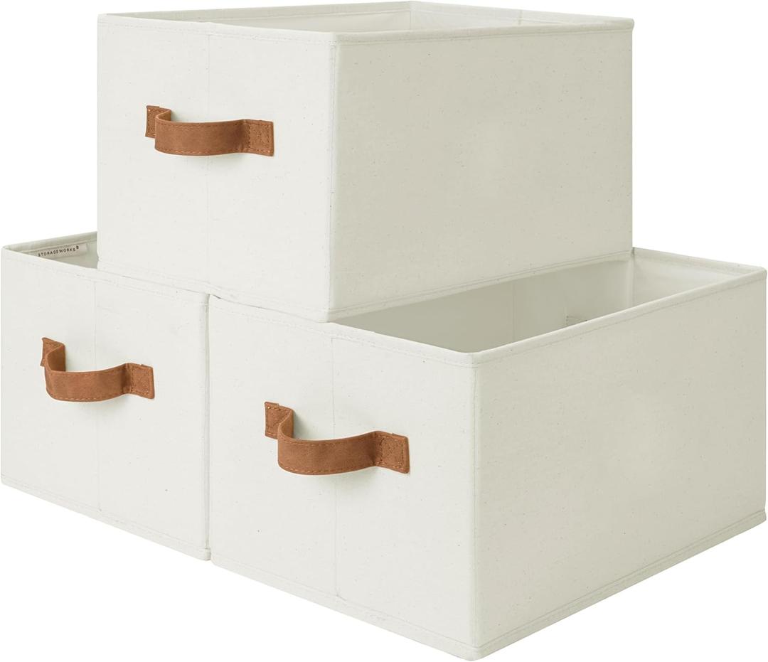 StorageWorks Closet Organizers and Storage Bins, Foldable Shelf Baskets, Clothes Storage Basket for Organization, Ivory White, 3-Pack, Large