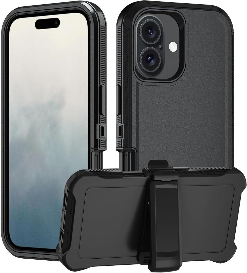 Heavy Duty Rugged Case for iPhone 16 (2024), 3-Layer Super Full Protection with Kickstand, Belt Clip Holster (Black with Clip)