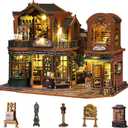 Plustopoy DIY Miniature House Kit for Adults, Mini Wooden Dollhouse Kit, Book Shop Tiny House Diorama Building Kits with Light, 3D Wooden Puzzles Bookend Shelf Insert Decor, Creative Craft