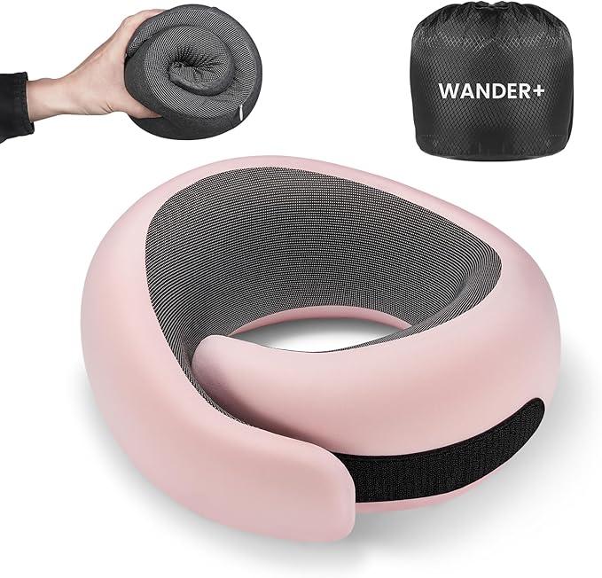 WANDER PLUS Travel Pillow, 100% Pure Memory Foam Travel Neck Pillow Airplane Neck Support Ergonomic Design Best for Sleeping Plane Car Train Office Flight for Adults Black