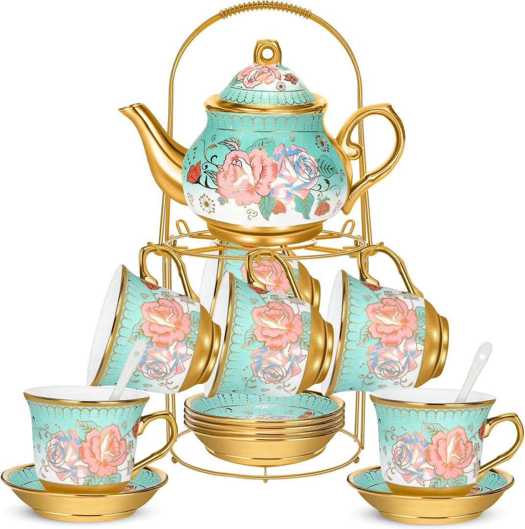 20 Pcs Porcelain Tea Set for Adults with Metal Holder and Spoon European Ceramic Tea Party Set Flower Painting Teapot Cup Saucer for Women Gift, Serving 6 People(Modern)