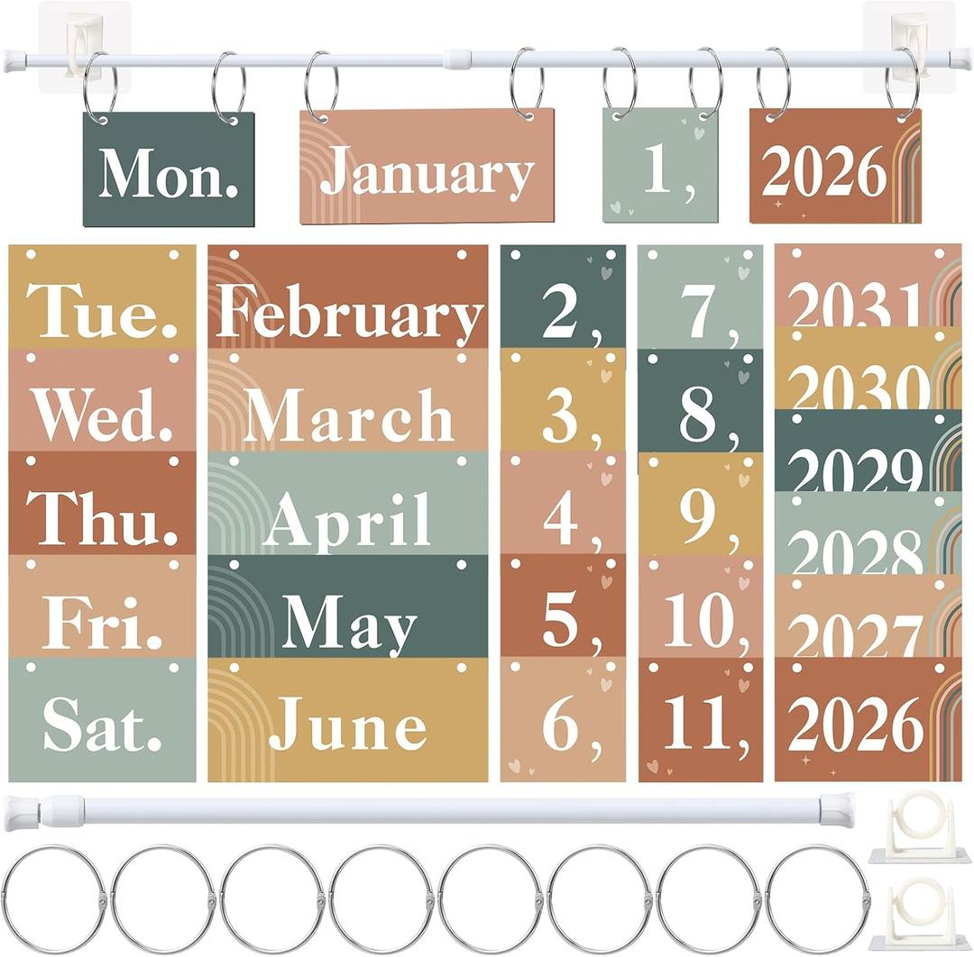 Containlol 56 Pcs Modern Boho Calendar Set Rainbow Flip Calendar with Holder Boho Classroom Decoration Cards Adjustable Rod Holder for Back to School Supplies