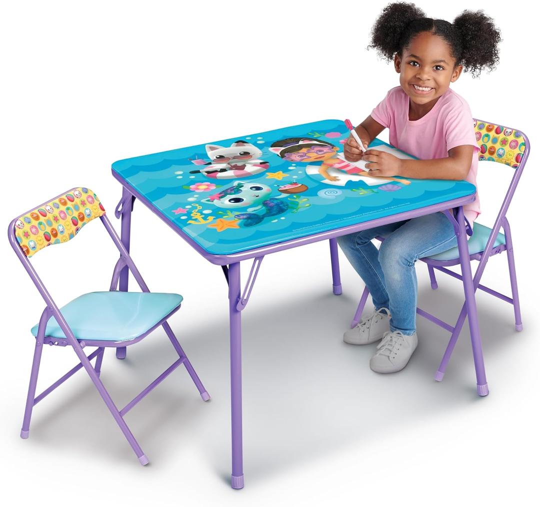 Gabby's Doll House Girls Folding Table & Chairs Set for Kids and Toddlers 36 Months Up To 7 years, Includes: 1 Table (36"L x 24"W x 20"H), 2 Chairs (13"L x 13.5"W x 21"H) Weight Limit: 70 lb
