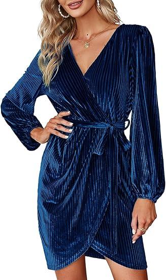 BerryGo Women's Long Sleeve Wrap Semi Formal Velvet Mini Dress Sexy Cocktail Party Winter Club Dress, A-velvet Navy(faux Wrap), S