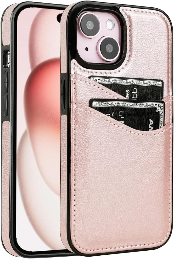 for iPhone 13/14/15 Case with Card Holder Soft Leather Wallet Case Protective Shockproof Hard Cover for Women Girls (Rose Gold)