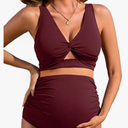 Charmo Maternity Swimsuit Ribbed High Waist Pregnancy Bikini Sets Twist Cutout Front Two Piece Bathing Suit Swimwear 2 XL